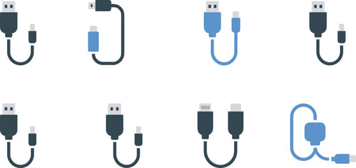 Set of eight minimalist USB cable icons, data transfer, charging connectors, digital technology accessories, electronic devices, flat vector illustration design