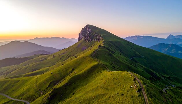 Aerial panorama of a vibrant green mountain ridge, transitioning to rock face, illuminated by the morning sun. Distant, blue mountain ranges complete the scene