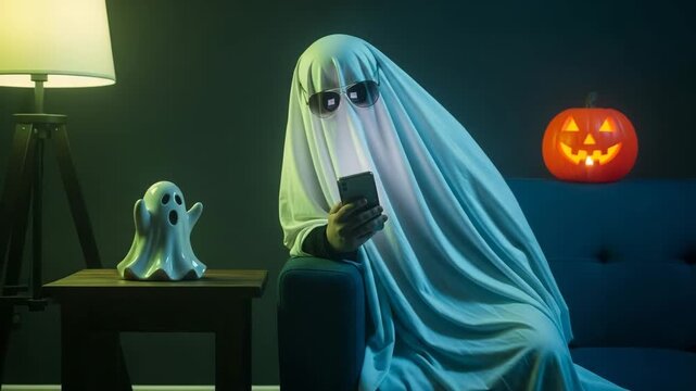 Person in ghost costume using smartphone on couch Keywords: halloween, ghost, costume, person