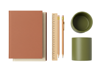 Isolated brown notebook, pencil holder, and writing implements for office tasks on display