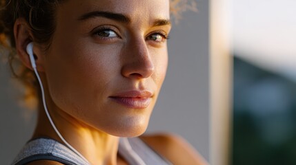 health technology fashion, a fashionable film shows a confident young person with a glucose monitor ready for a morning run, conveying empowerment and modern health care in golden light