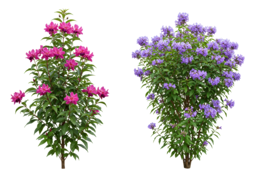 Isolated bushes with pink and purple flowers against a seamless background, plant life