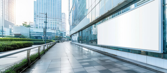 Cityscape and Blank Billboard: A modern urban scene showcases a sleek, glass-clad building with a prominent blank billboard, ready for showcasing advertisement, amid a bustling cityscape. 