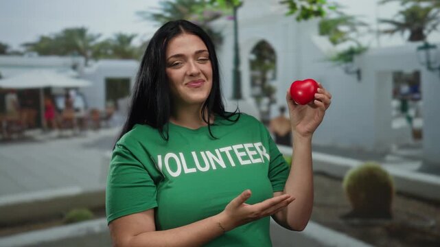 Volunteer woman with dark hair, holding red heart, smiling outdoors in sunny city street with people, wearing green t-shirt, showcasing kindness and community spirit. - Powered by Adobe