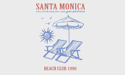 Sunshine paradise artwork. Sardine fish, drink and oyster artwork. Santa monica beach. Summer good vibes vector graphic design for apparel, stickers, posters, background and others.