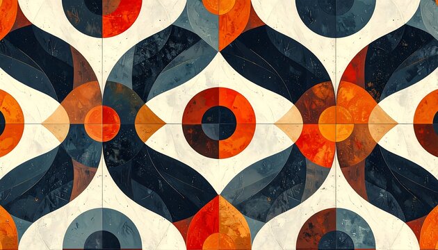 An abstract repeating pattern features floral and geometric shapes in warm oranges, dark blues, and creams. The stylized design evokes a retro feel