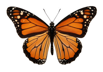 Isolated monarch butterfly, colorful wings, close up, black veins and border on orange wings