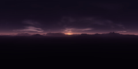 Desert night horizon with starry sky and mountain silhouettes at dusk. 360 degree 3D rendering