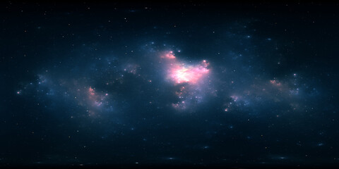 360 degree space nebula. Giant interstellar cloud with stars, equirectangular projection, environment map. Spherical panorama. 3D rendering, Fractal image