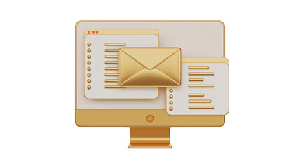 Elegant golden email icon and computer interface elements symbolizing digital communication and business success