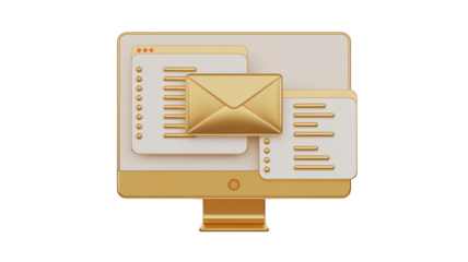 Elegant golden email icon and computer interface elements symbolizing digital communication and business success