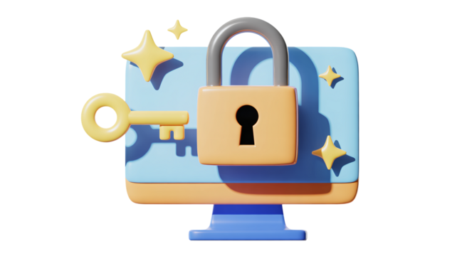 Unlock digital security and data protection with a key and padlock on a computer screen, symbolizing access and safety.