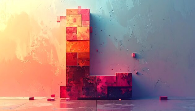 An abstract representation of a large "L" made of pixelated blocks, rendered with vibrant gradient colors