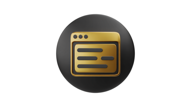 Modern 3D golden browser window icon design on dark background, perfect for web, UI/UX, or digital applications