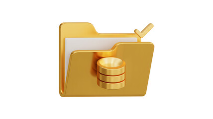 Golden folder icon with checkmark and database symbol, representing data storage, security, and successful completion