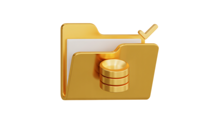 Golden folder icon with checkmark and database symbol, representing data storage, security, and successful completion