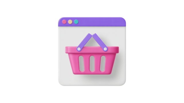 Online shopping concept with a vibrant pink shopping basket icon within a web browser window, perfect for e-commerce and digital marketing campaigns