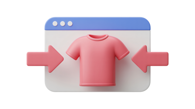 Online shopping concept with trendy pink t-shirt and arrows within a website interface, perfect for e-commerce promotions and fashion sales