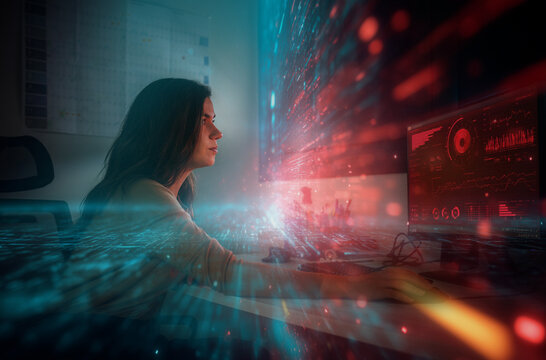 Focused woman analyzing futuristic data stream on high-tech computer