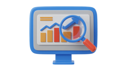 Analyzing financial data with magnifying glass on a modern computer screen, highlighting business growth and market analysis