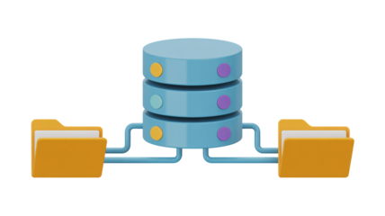 Modern 3D data server connecting to file folders, ideal for cloud storage, database management, and secure information transfer, perfect for business.