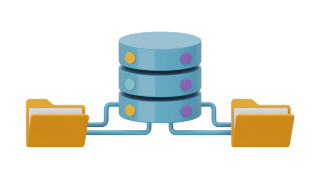 Modern 3D data server connecting to file folders, ideal for cloud storage, database management, and secure information transfer, perfect for business.