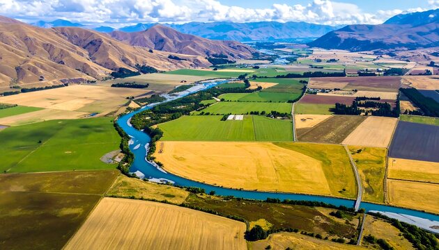 An aerial view showcases a vibrant landscape with patchwork farmlands traversed by a winding river against a backdrop of rolling hills