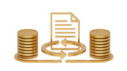 Financial data transfer concept with coins, document, and arrows symbolizing transactions, perfect for business and finance visuals