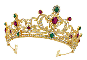 Isolated golden crown with rubies and emeralds ornate design for royal celebration event