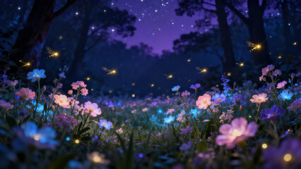 Obraz premium A serene forest landscape captures the beauty of glowing flowers amid tall trees at twilight. Fireflies dance in the cool evening air, creating a peaceful, enchanting atmosphere