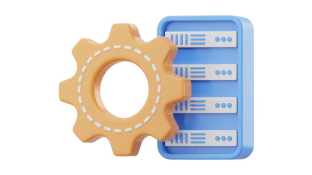 Modern 3D illustration of gear and server rack symbolizing data processing, technology, and IT infrastructure solutions for business.