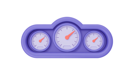 Modern dashboard gauges in vibrant purple and orange, perfect for illustrating speed, performance, and monitoring various metrics