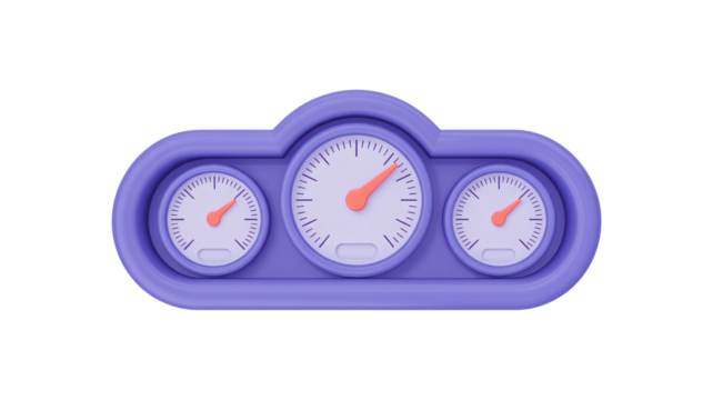 Modern dashboard gauges in vibrant purple and orange, perfect for illustrating speed, performance, and monitoring various metrics
