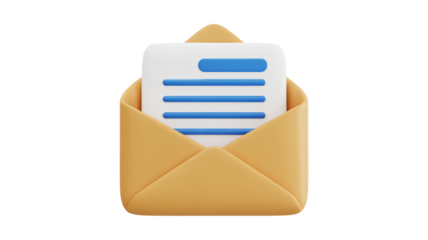 Email communication concept: modern 3D illustration of an open envelope with a letter, perfect for business marketing or online messaging