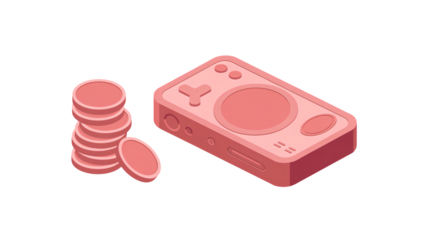 Retro gaming console and stacked coins, perfect for illustrating game development, rewards, and financial success in a playful, nostalgic style