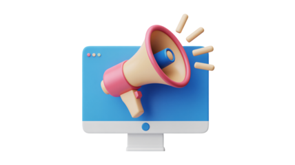 Dynamic 3D illustration of a megaphone emerging from a computer screen, perfect for marketing and advertising campaigns, conveying impactful announcements