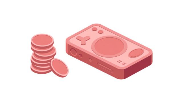 Retro gaming console and stacked coins, perfect for illustrating game development, rewards, and financial success in a playful, nostalgic style