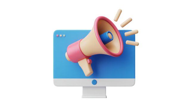 Dynamic 3D illustration of a megaphone emerging from a computer screen, perfect for marketing and advertising campaigns, conveying impactful announcements