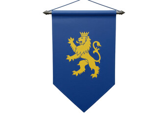 Isolated blue pennant with golden heraldic lion, wall hanging for medieval theme event