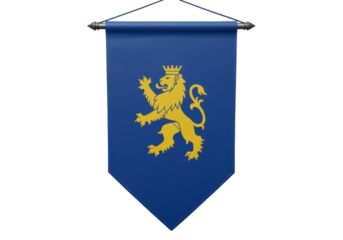 Isolated blue pennant with golden heraldic lion, wall hanging for medieval theme event