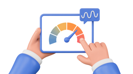 Hands holding tablet displaying performance meter with alert icon, symbolizing data analysis and progress tracking for business growth and efficiency.