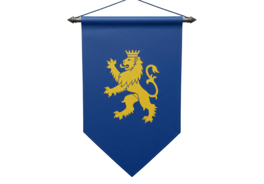 Isolated blue pennant with golden heraldic lion, wall hanging for medieval theme event