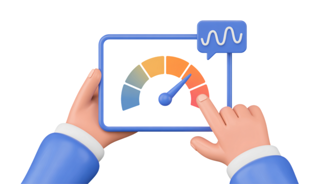 Hands holding tablet displaying performance meter with alert icon, symbolizing data analysis and progress tracking for business growth and efficiency.