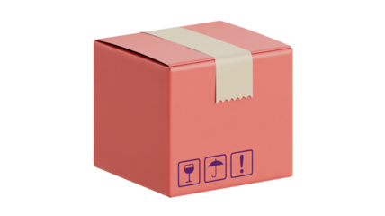 Securely sealed coral pink shipping box featuring essential fragile handling icons for safe delivery and logistics planning