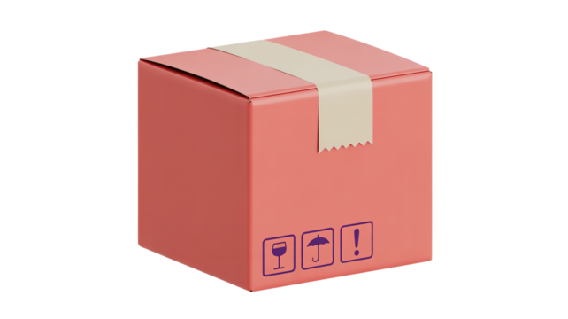 Securely sealed coral pink shipping box featuring essential fragile handling icons for safe delivery and logistics planning