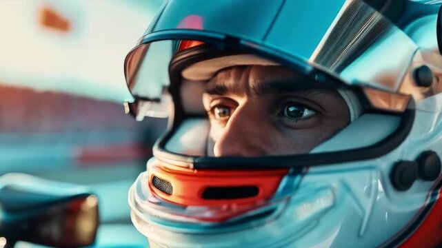 A professional racing driver wearing a helmet behind the wheel of a racing car, ready to start on the track. Ideal for articles about motorsport, advertising racing schools, presentations about speed 