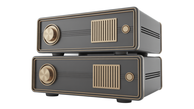 Elegant vintage audio amplifiers stacked, retro music equipment, sophisticated sound system, classic luxury interior decor, professional studio gear, timeless design