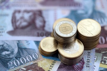 Hungarian Forint currency money bills and coins. HUF currency banknotes and coins close up