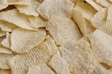 Homemade Flavored Paprika Potato Chips in a Bowl, top view. Flat lay