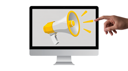 Digital marketing campaign launch with hand activating announcement megaphone on modern computer screen for business promotion